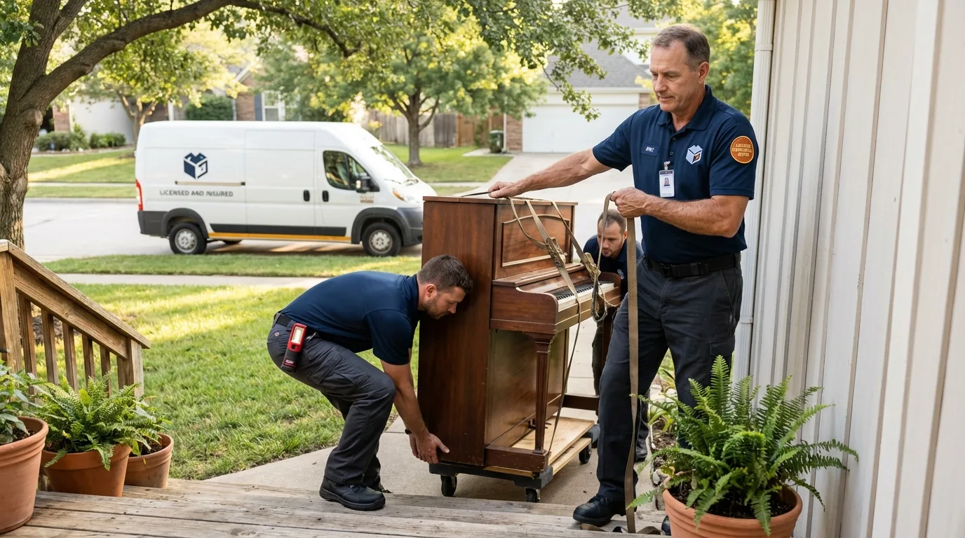 Licensed piano movers securing grand piano in Sullivan, MO