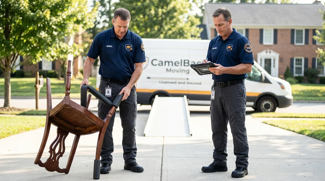 Movers inspecting furniture for damage prevention before loading in Sullivan, MO