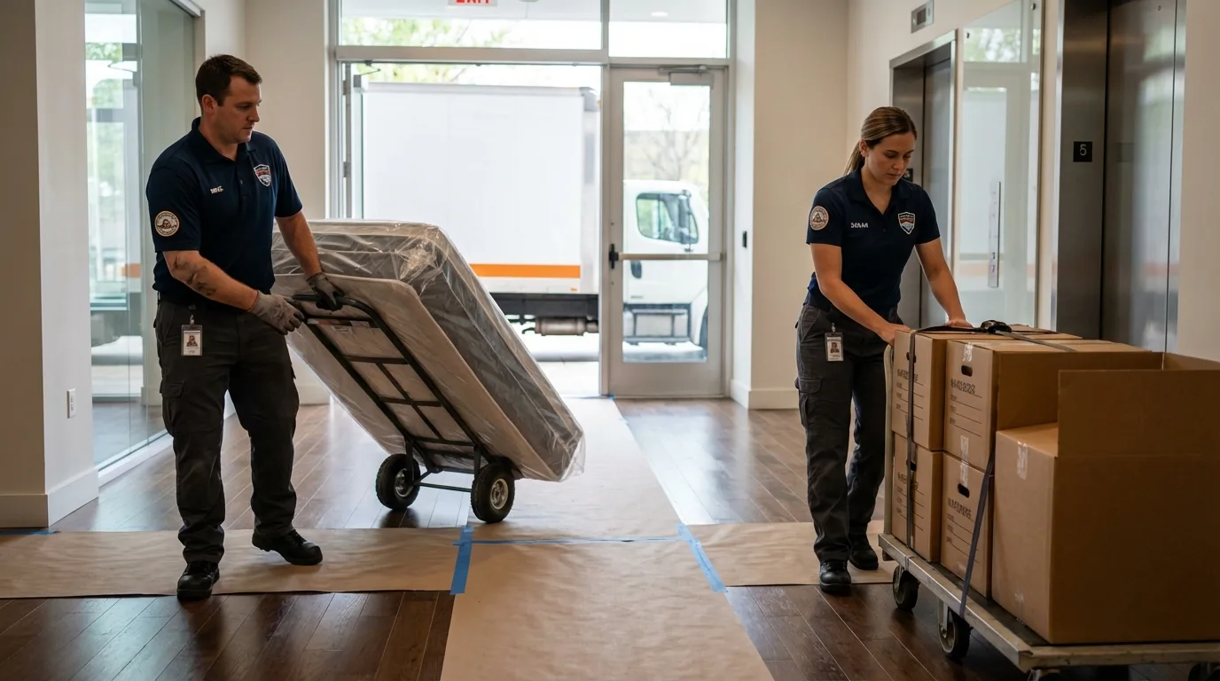 Professional apartment movers loading elevator in Sullivan, MO