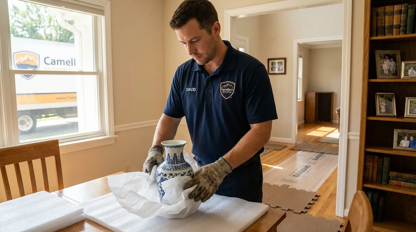Professional crew carefully wrapping antique vase for senior downsizing move in Sullivan, MO